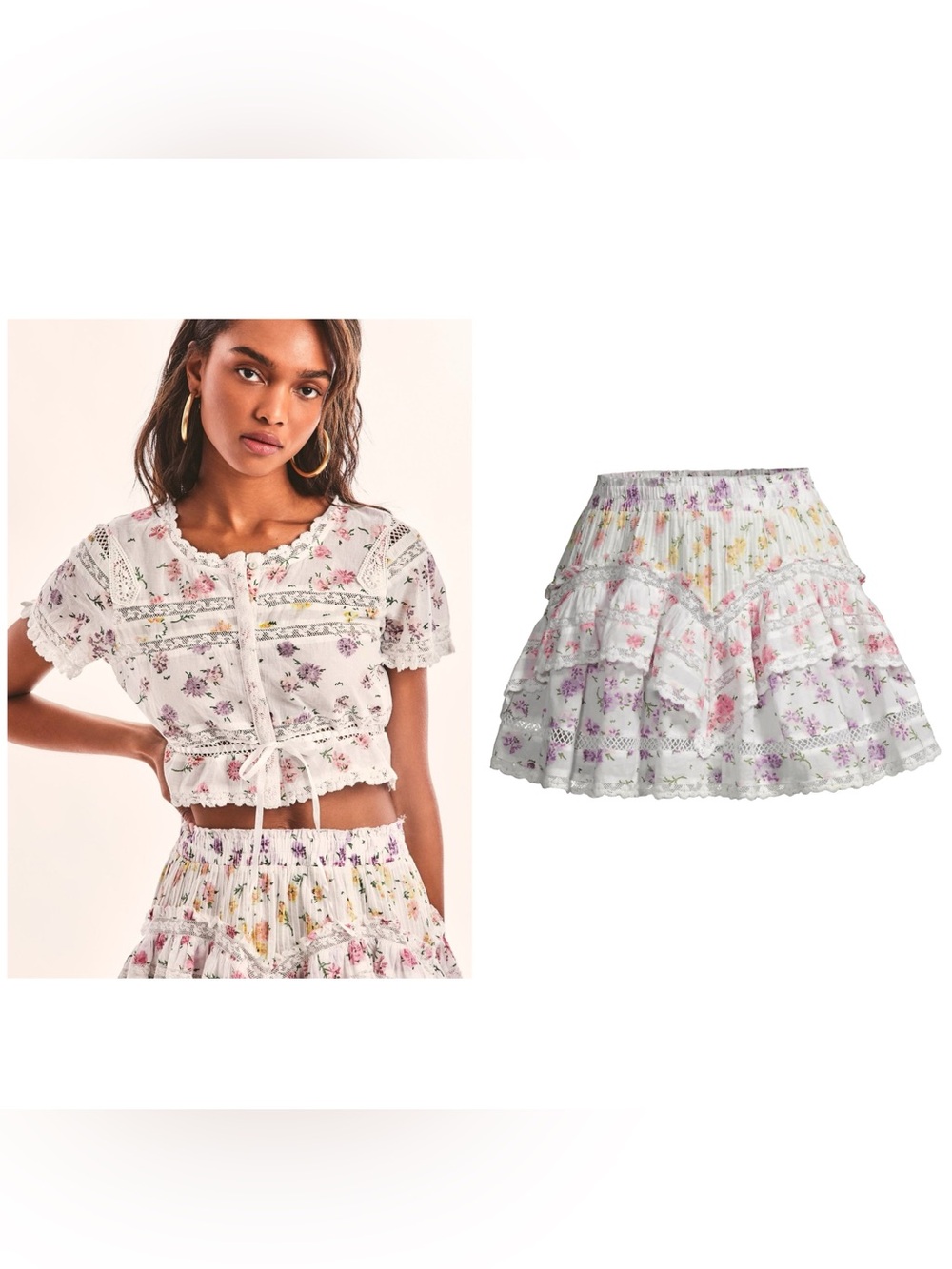 LoveShackFancy Crop Top (M) and Skirt (S) Set in Pink, Purple, and Yellow Floral